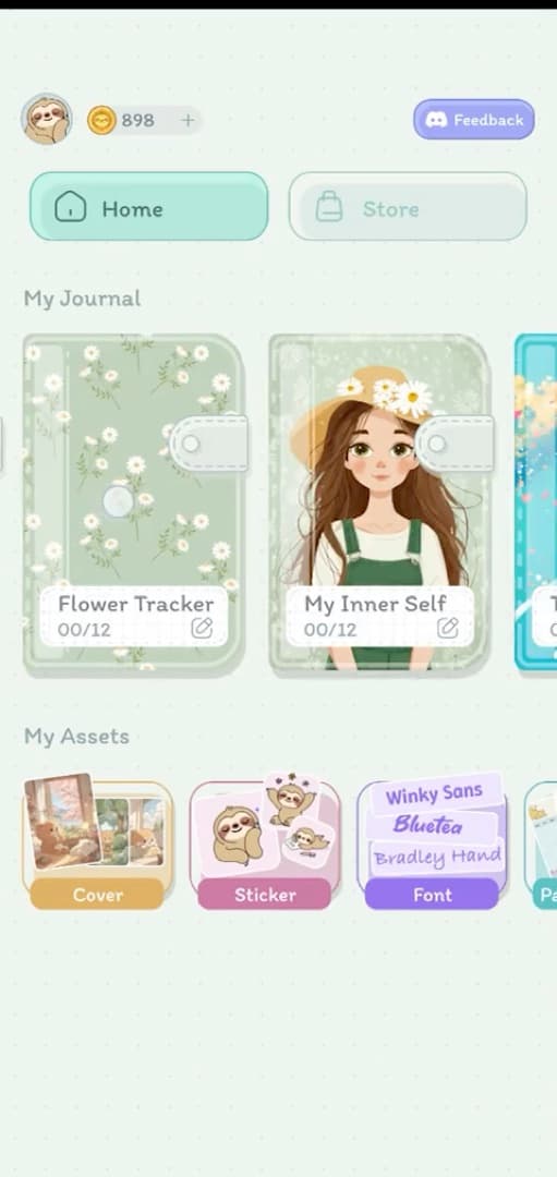 The DayBloq home screen with several journals side by side and saved covers, stickers and fonts