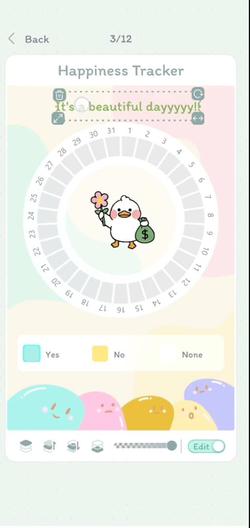 A DayBloq happiness tracker page decorated with a sticker and a handwritten caption
