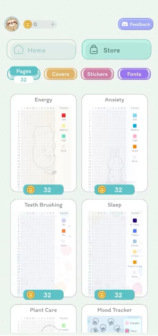 The DayBloq template store showing preset tracker pages for energy, anxiety, teeth brushing and sleep