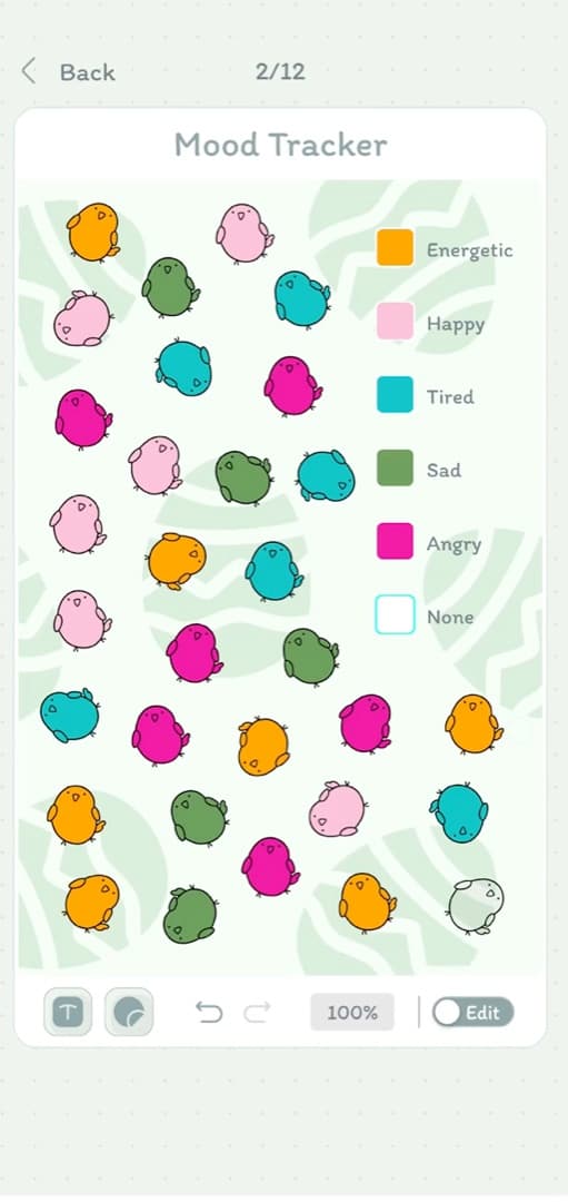 A DayBloq mood tracker page where every day is a colored bird, keyed to energetic, happy, tired, sad and angry