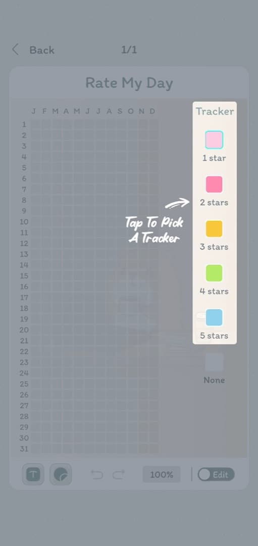 An online bullet journal on Android: the DayBloq Year in Pixels grid with a five-color key, kept on the phone instead of in a browser tab