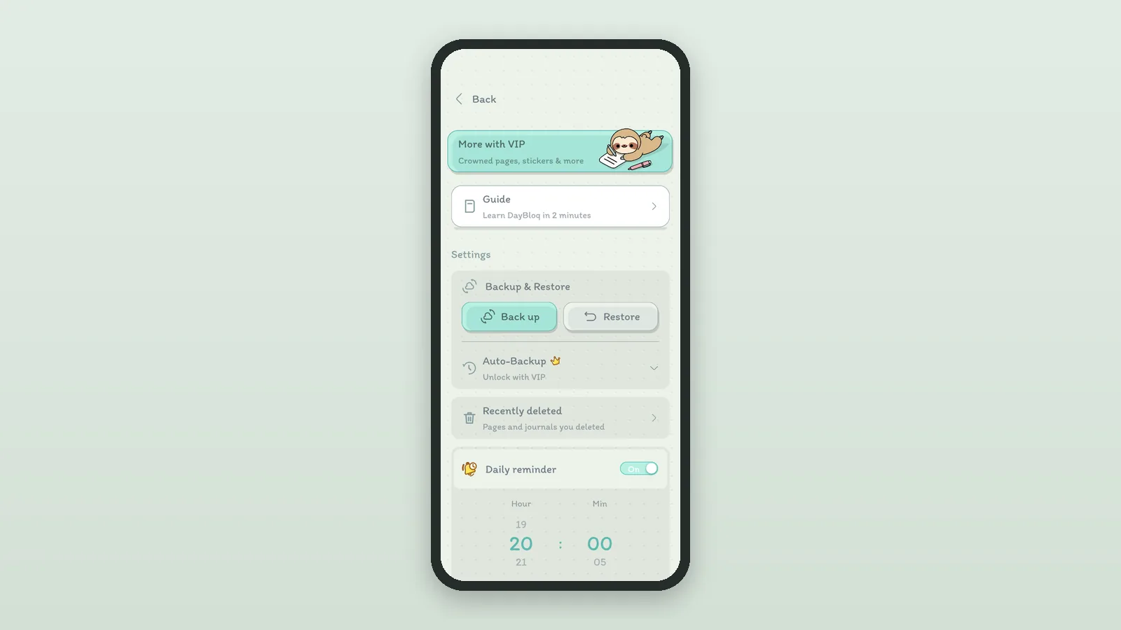 DayBloq Settings with Backup & Restore: Back up and Restore buttons for a copy in your own Google Drive