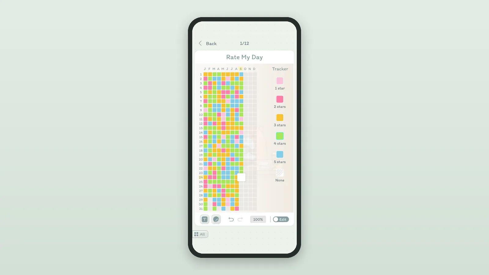 Coloring one square on a DayBloq Rate My Day page; the key on the right maps colors to 1 to 5 stars