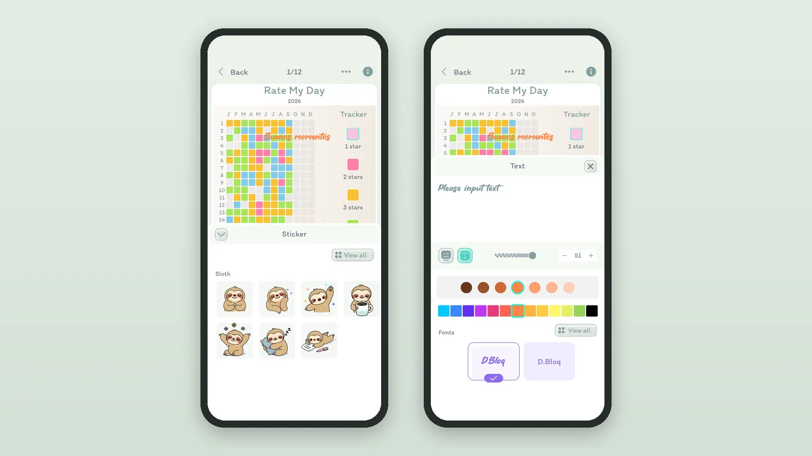 Decorating a DayBloq page: the sticker sheet open on Rate My Day, and the text tool with colors and fonts
