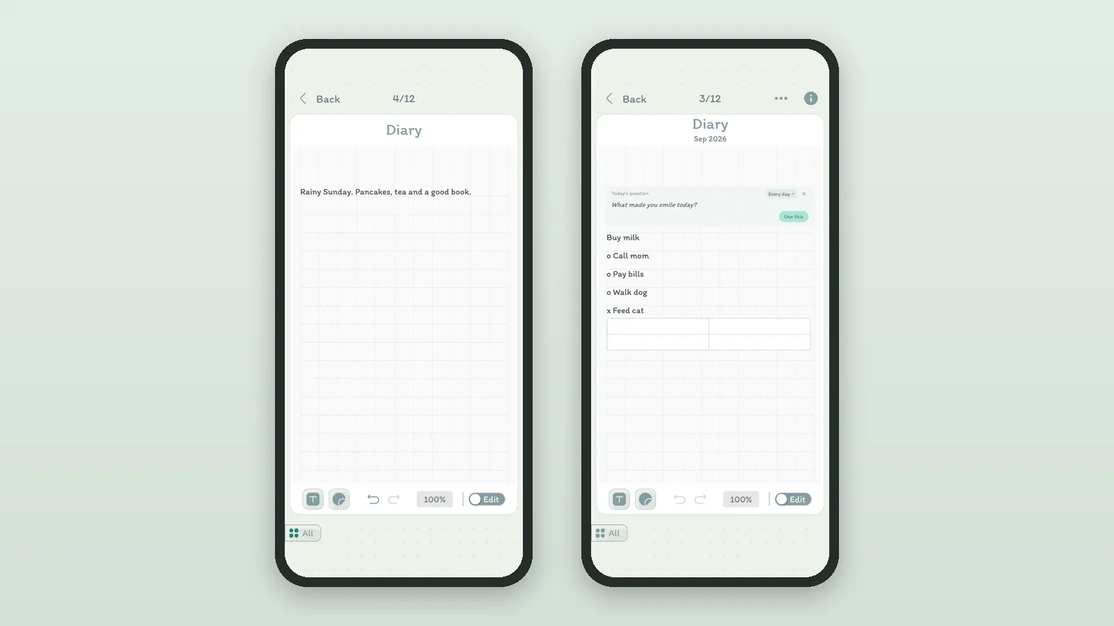 Two DayBloq Diary pages: a short note written for the day, and a to-do list under the question of the day