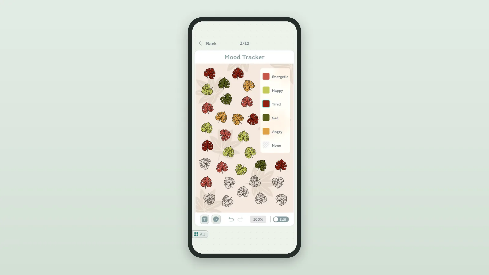 A DayBloq Mood Tracker page where each leaf is a day, colored Energetic, Happy, Tired, Sad or Angry