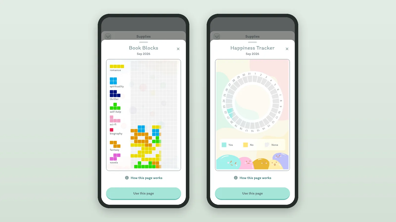 Previewing two DayBloq pages before adding them, Book Blocks and Happiness, each with a 'Use this page' button