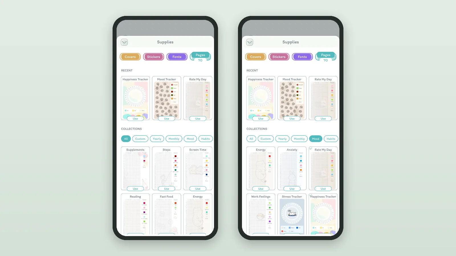 The Pages section of DayBloq's Supplies: page layouts grouped into collections such as Yearly, Monthly, Mood and Habits, shown unfiltered and filtered to Mood