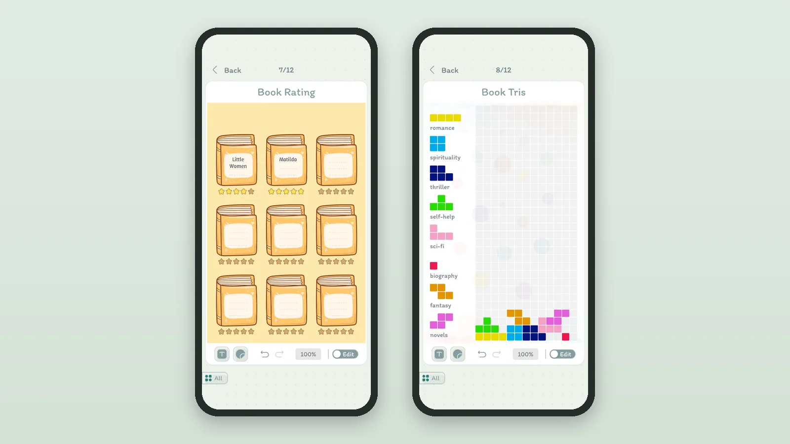 Reading pages in DayBloq: Book Rating with stars for each book, and Book Blocks, a block for each book read