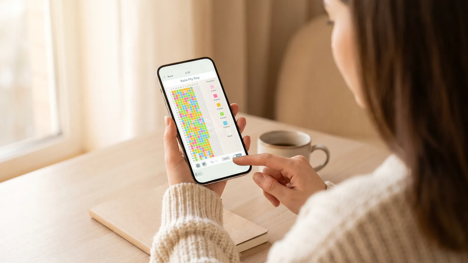 A woman at a wooden desk in the morning, her phone open to a DayBloq Rate My Day page: a Year in Pixels grid colored day by day