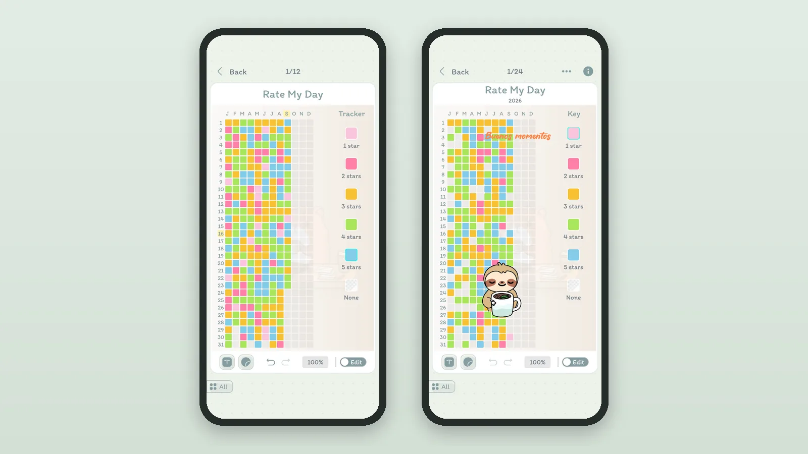 Two DayBloq Rate My Day pages, each a Year in Pixels grid colored day by day from January to September; the second is decorated with a sloth sticker and a handwritten title